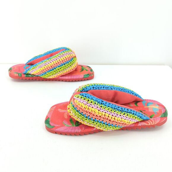 FARM RIO Women 6 Toucans Crochet Puffly Flip Flop Sandals Orange Pink Rainbow - Picture 5 of 8
